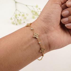 Gold Plated Pave White Stone Quatrefoil Clover Charm Station Chain Bracelet with Lobster Clasp
