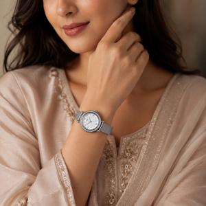 Watches Silver-Tone Round Dial Crystal Studded Bezel Mesh Bracelet Watch for Women