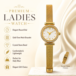 Watches Gold-Tone Round Dial Crystal Studded Bezel Mesh Bracelet Watch for Women