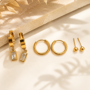 Earrings Black Enamel Baguette Drop Huggie, Circle Hoop & Gold Ball Stud Earrings Set of 3 Pairs