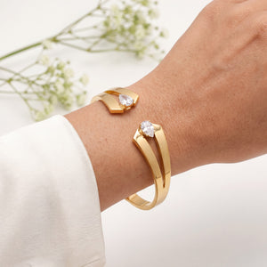 Dual Heart CZ Open Bypass Baby Kada Bangle | Gold Plated Solitaire Tip Cuff Bracelet for Women