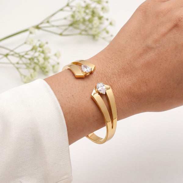 Dual Heart CZ Open Bypass Baby Kada Bangle | Gold Plated Solitaire Tip Cuff Bracelet for Women