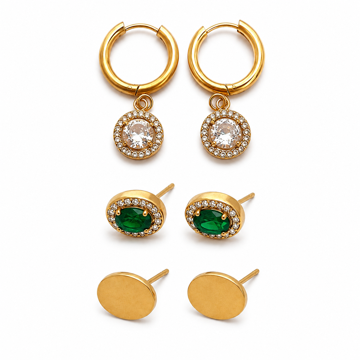 Earrings Halo Drop Hoop, Emerald Oval Bezel & Gold Oval Minimal Stud Earrings Set of 3 Pairs