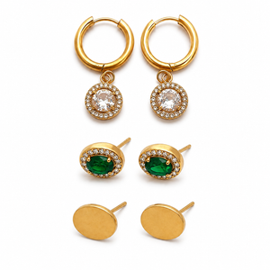 Earrings Halo Drop Hoop, Emerald Oval Bezel & Gold Oval Minimal Stud Earrings Set of 3 Pairs