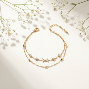 Gold Plated White Stone Bezel and Star Charm Dual Strand Beaded Chain Bracelet with Lobster Clasp