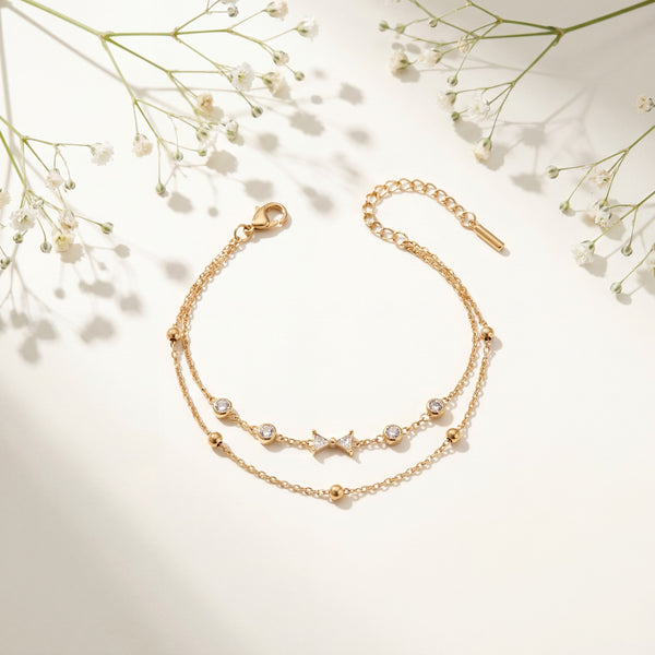 Gold Plated White Stone Bezel and Star Charm Dual Strand Beaded Chain Bracelet with Lobster Clasp