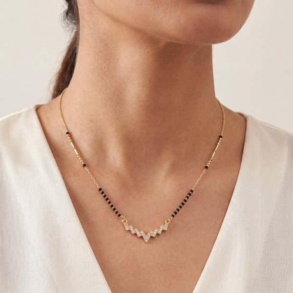 KZ Gold Plated Zigzag Bar CZ Mangalsutra for Women Black Bead Chain Wave Lightning Pendant FS