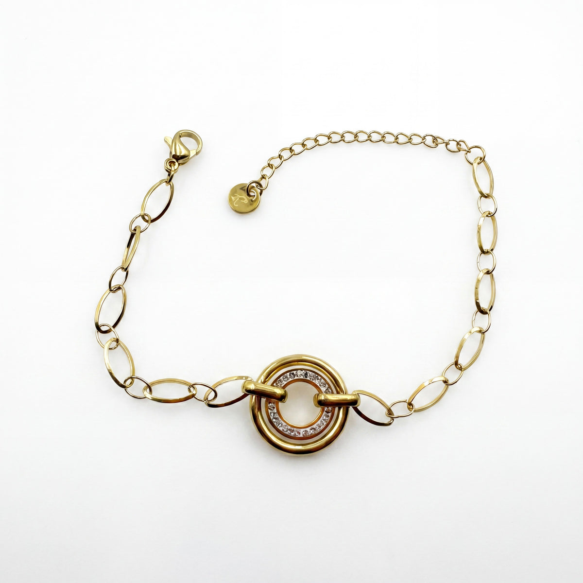 Gold Plated Oval Link Chain Bracelet with Interlocking Double Circle White Stone Halo Charm Center