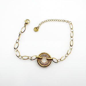 Gold Plated Oval Link Chain Bracelet with Interlocking Double Circle White Stone Halo Charm Center