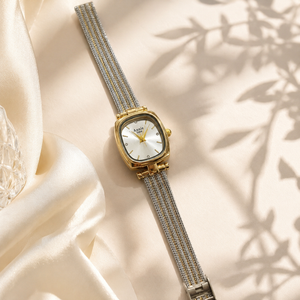 Watches Two-Tone Square Dial Silver Mesh Bracelet Watch for Women