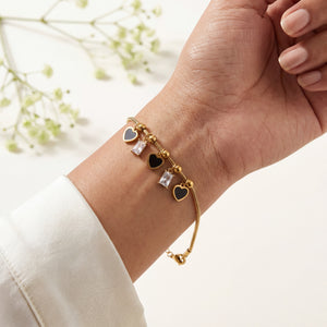 Gold Plated Snake Chain Bracelet with Black Heart and Square Baguette Stone Dangling Charms