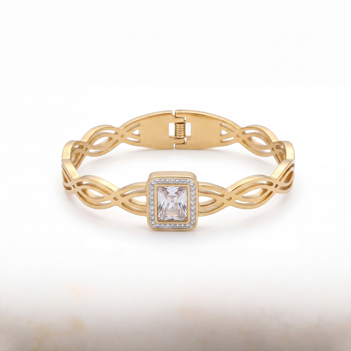 Square CZ Halo Watch Style Baby Kada Bangle | Gold Plated Infinity Link Statement Bracelet for Women