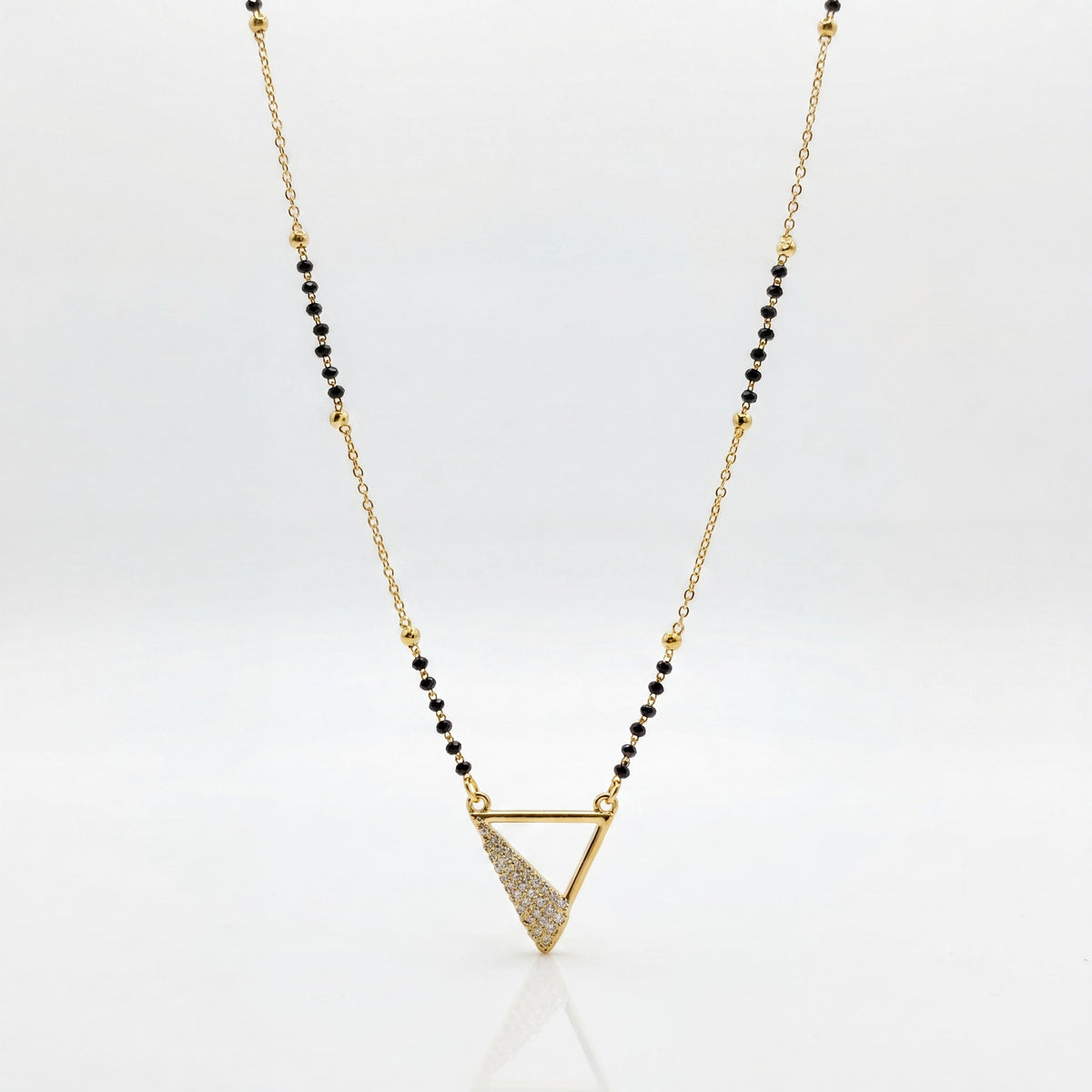 KZ Gold Plated Triangle CZ Mangalsutra for Women Black Bead Chain Geometric Pyramid Pendant FS