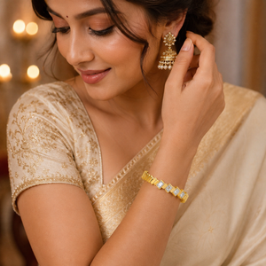 Gold Starburst Radiant Diamond Oval Kada for Women | Sunburst Stone Pattern Quick Stainless Steel Ladies Bangle | Glamour Festive Jewellery