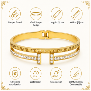 Gold Greek Key Pattern Diamond Oval Kada for Women | Meander Design Hinged Clasp Stainless Steel Ladies Bangle | Luxury Festive Jewellery