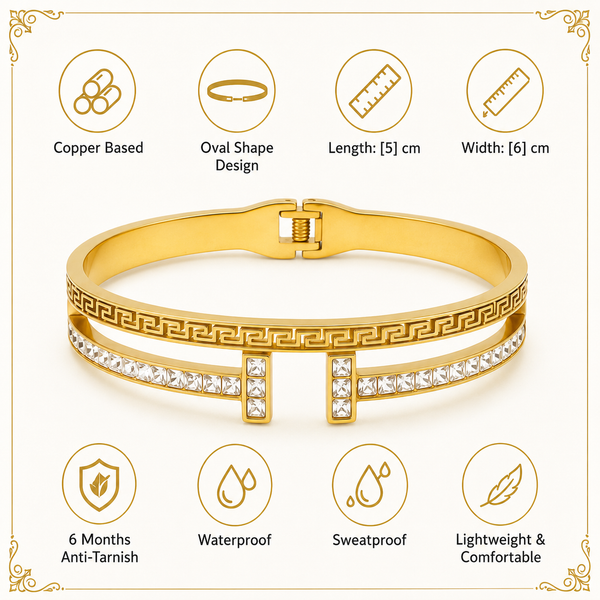 Gold Greek Key Pattern Diamond Oval Kada for Women | Meander Design Hinged Clasp Stainless Steel Ladies Bangle | Luxury Festive Jewellery