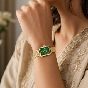 Watches Gold-Tone Rectangular Green Dial Roman Numeral Mesh Bracelet Watch for Women