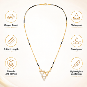 KZ Gold Plated Double Triangle CZ Mangalsutra for Women Black Bead Chain Geometric Pendant FS