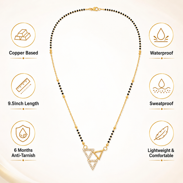 KZ Gold Plated Double Triangle CZ Mangalsutra for Women Black Bead Chain Geometric Pendant FS