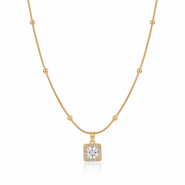 Gold Beaded Chain Rectangular CZ Pendant Anti-Tarnish Necklace