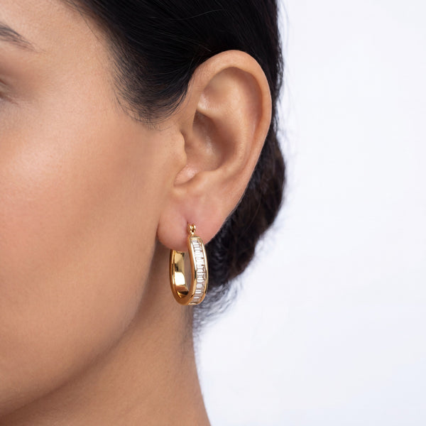 Gold Plated Medium CZ Pave Click Top Hoop Earrings