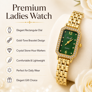 Watches Gold-Tone Rectangular Green Dial Crystal Studded Chain Bracelet Watch for Women