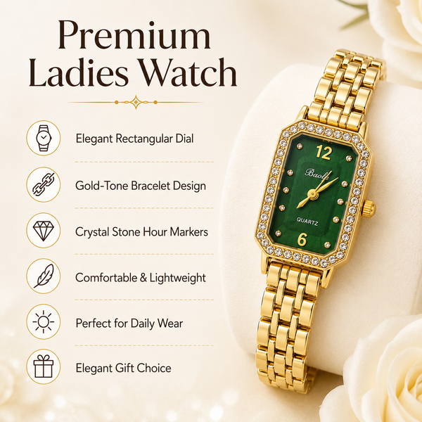 Watches Gold-Tone Rectangular Green Dial Crystal Studded Chain Bracelet Watch for Women