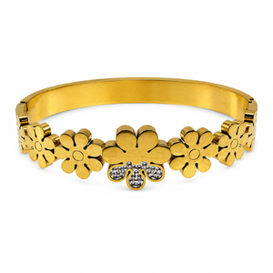 Gold Leaf Engraved Diamond Oval Kada for Women | Botanical Motif Stone Stainless Steel Ladies Bangle | Nature Festive Jewellery