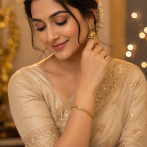 Gold Marquise Diamond Accent Oval Kada for Women | Elongated Stone Stainless Steel Ladies Bangle | Elegant Festive Jewellery
