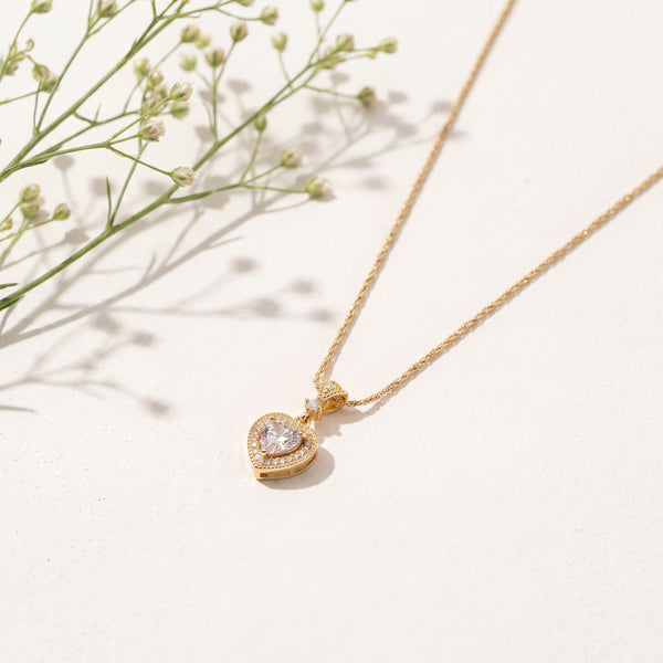 Gold Mini Heart CZ Pave Pendant Chain Anti-Tarnish Necklace