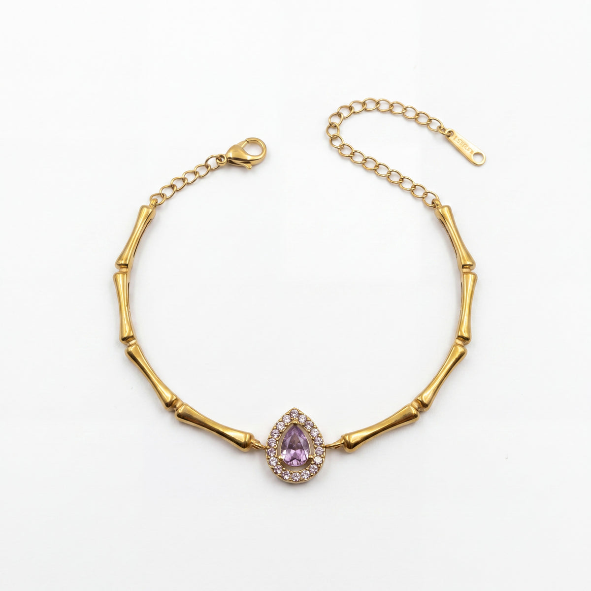 Gold Plated Bamboo Bar Link Bracelet with Oval Pink Stone Halo Centrepiece and Lobster Clasp