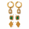 Earrings Rectangle Halo Drop Hoop, Emerald Rectangle Halo & Gold Triangle Stud Earrings Set of 3 Pairs