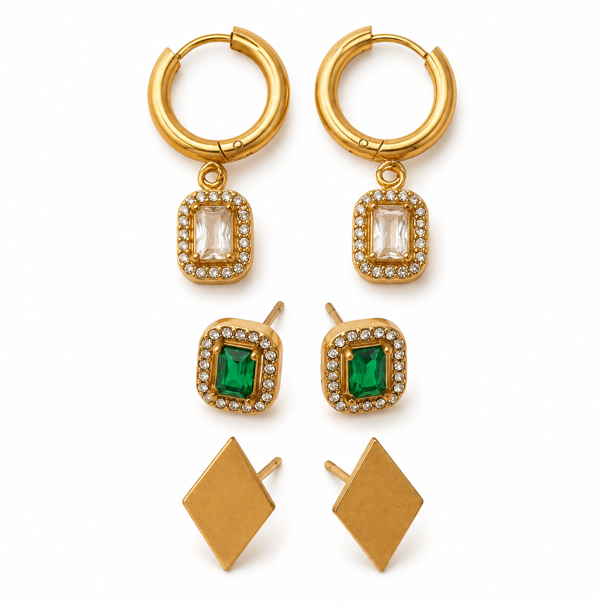 Earrings Rectangle Halo Drop Hoop, Emerald Rectangle Halo & Gold Triangle Stud Earrings Set of 3 Pairs