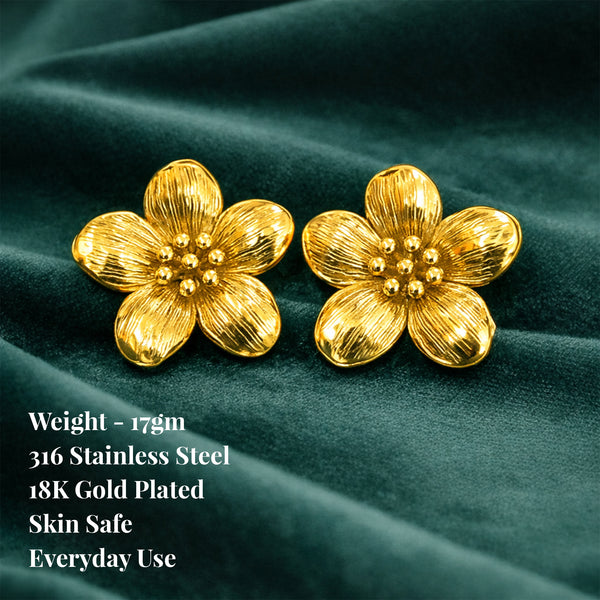 Gold plated flower stud earrings product details - 316 stainless steel, 18K gold plated, skin safe, everyday use - House of Viya
