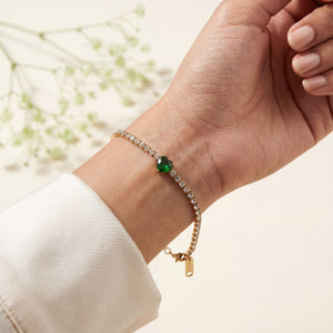 Gold Plated White Stone Tennis Bracelet with Green Heart Centre Stone and Lobster Clasp