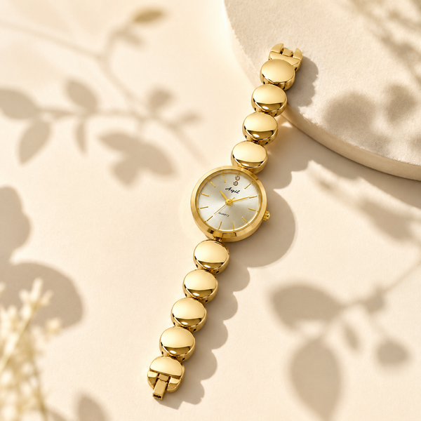 Watches Gold-Tone Round Dial Beaded Bracelet Watch for Women