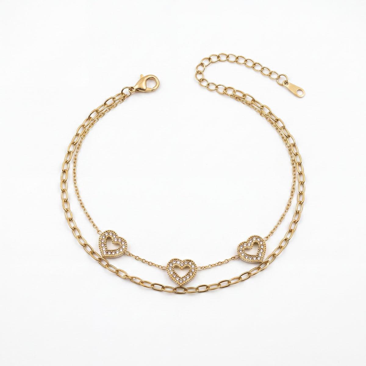 Gold Plated Double Layer Chain Bracelet with Heart Shaped White Stone Halo Charm Stations