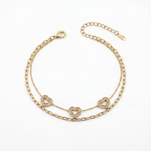 Gold Plated Double Layer Chain Bracelet with Heart Shaped White Stone Halo Charm Stations