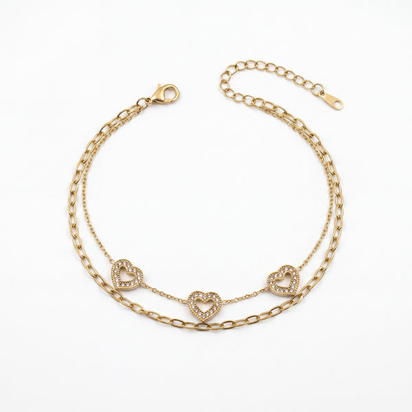 Gold Plated Double Layer Chain Bracelet with Heart Shaped White Stone Halo Charm Stations