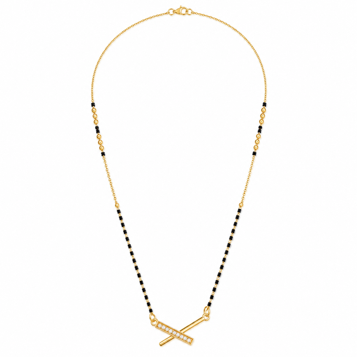 KZ Gold Plated Cross Bar CZ Mangalsutra for Women Black Bead Chain Diagonal X Bar Pendant FS