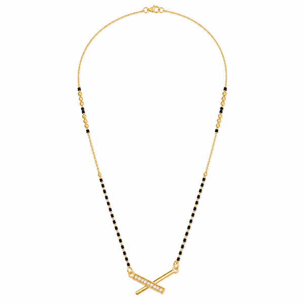 KZ Gold Plated Cross Bar CZ Mangalsutra for Women Black Bead Chain Diagonal X Bar Pendant FS