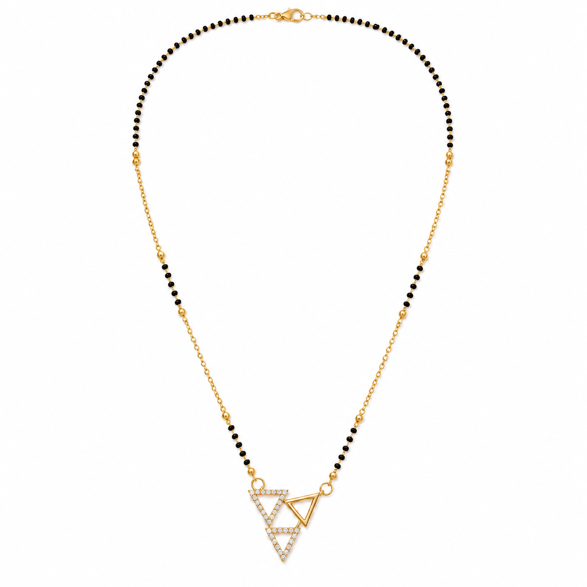 KZ Gold Plated Double Triangle CZ Mangalsutra for Women Black Bead Chain Geometric Pendant FS