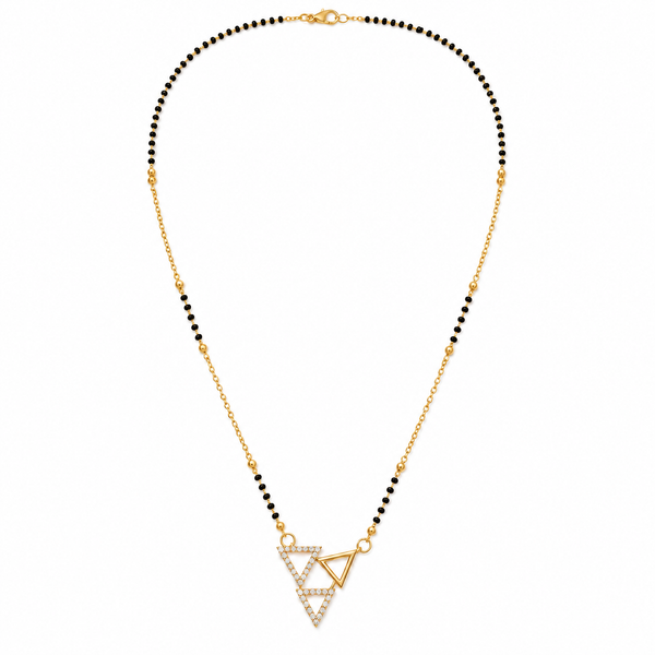 KZ Gold Plated Double Triangle CZ Mangalsutra for Women Black Bead Chain Geometric Pendant FS