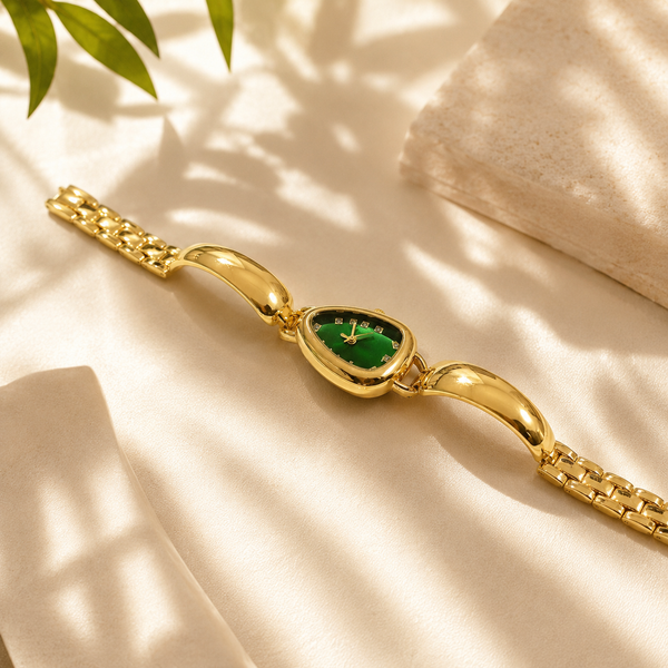 Watches Gold-Tone Pear Shape Dial Green Stone Bracelet Watch for Women