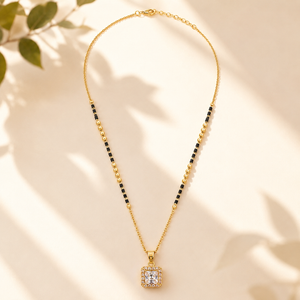 KZ Gold Plated Square Halo CZ Mangalsutra for Women Black Bead Chain Princess Cut Solitaire Pendant FS