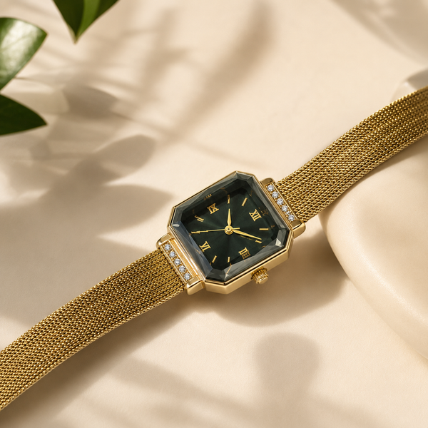 Watches Gold-Tone Square Black Dial Crystal Accent Mesh Bracelet Watch for Women