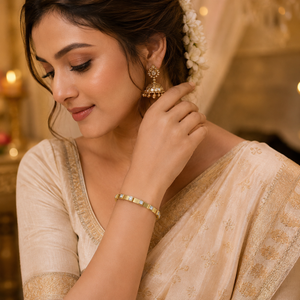 Gold Evenly Spaced Square Solitaire Diamond Oval Kada for Women | Channel Set Single Stone Stainless Steel Ladies Bangle | Premium Festive Jewellery