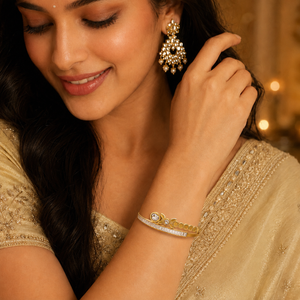 Gold Flush Set Diamond Grain Oval Kada for Women | Smooth Surface Stone Stainless Steel Ladies Bangle | Sleek Design Jewellery