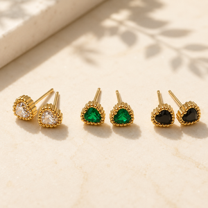 Earrings Crystal, Emerald & Black Onyx Heart Antique Halo Stud Earrings Set of 3 Pairs