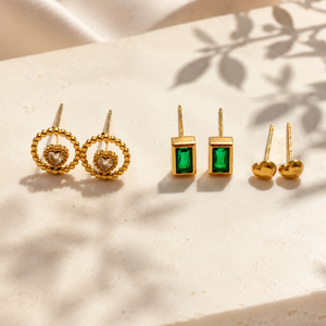 Earrings Halo Heart, Emerald Rectangle & Minimal Dome Stud Earrings Set of 3 Pairs